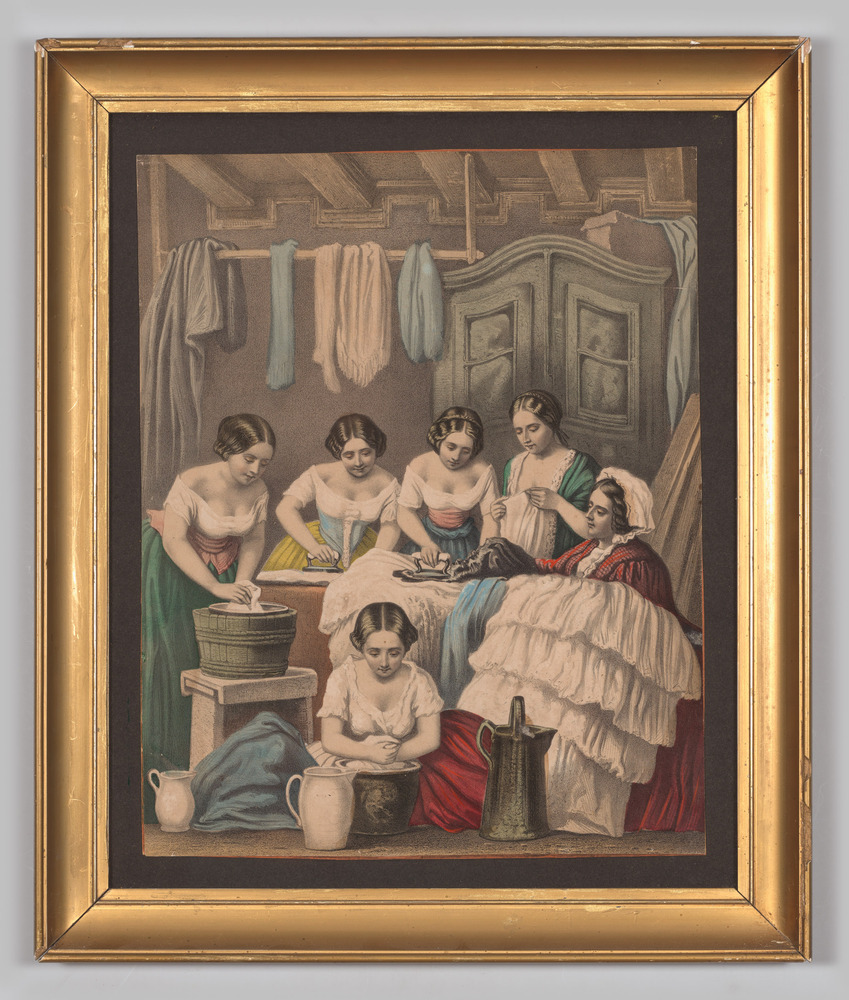 Prent van zes wassende dames, ingelijst, achter glas, ingekleurd