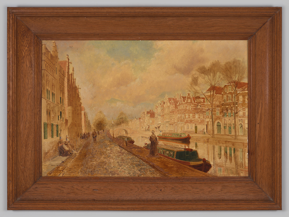 Schilderij, ingelijst, voorstellende stadsgezicht; geschilderd op porceleinen plaat: 3 trekschuiten in gracht