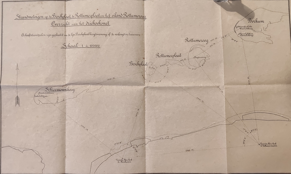Strandmetingen op de Boschplaat, de Rottumerplaat en het eiland Rottumeroog; Overzicht van het driehoeksnet.