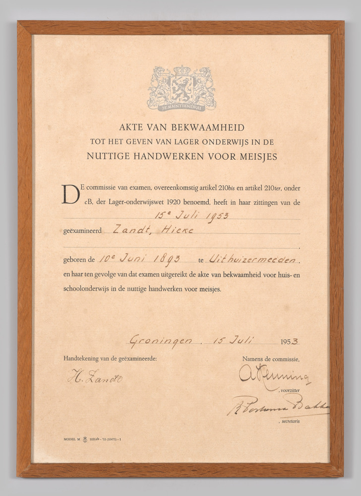 Akte van bekwaamheid voor het geven van handwerkonderwijs