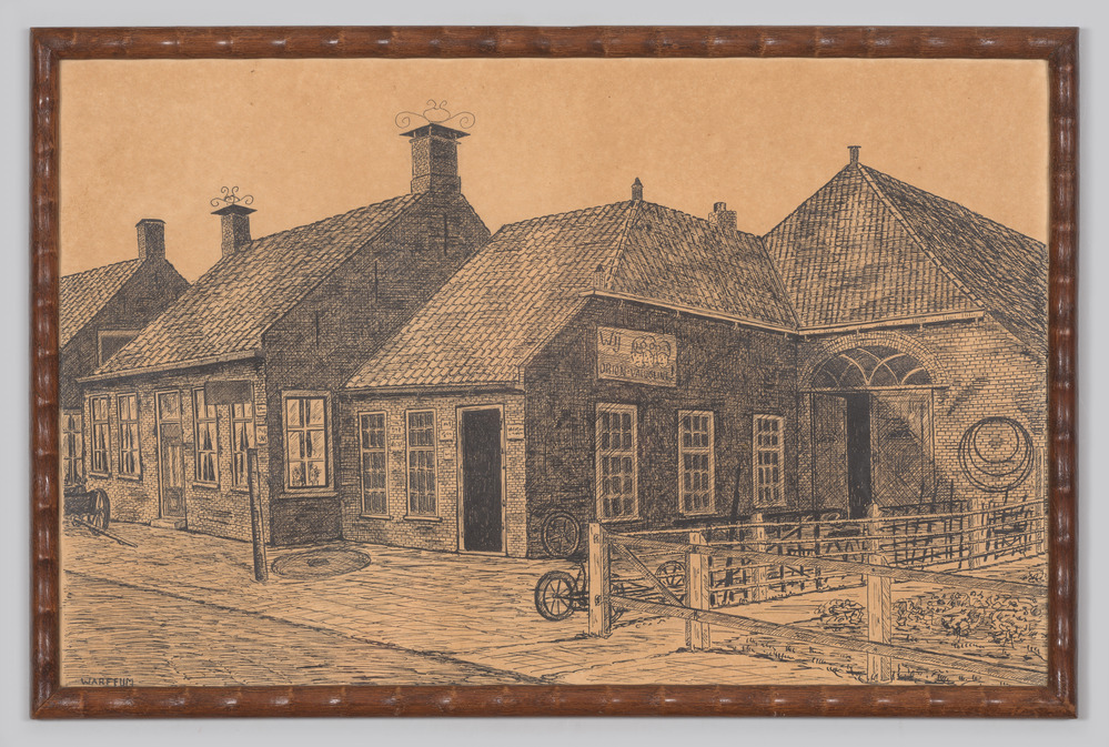 Pentekening, ingelijst, achter glas