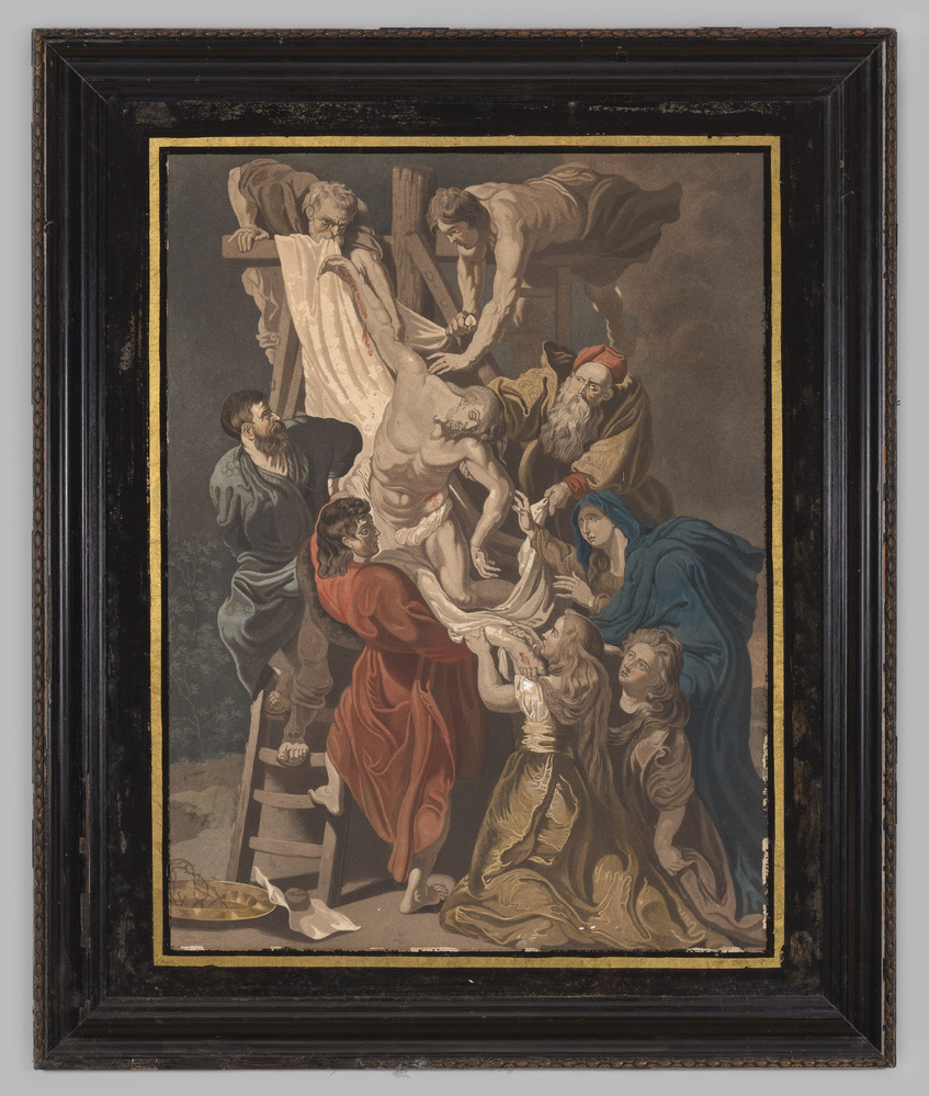 Prent, ingelijst, achter glas, voorstellende Christus die van het kruis wordt gehaald