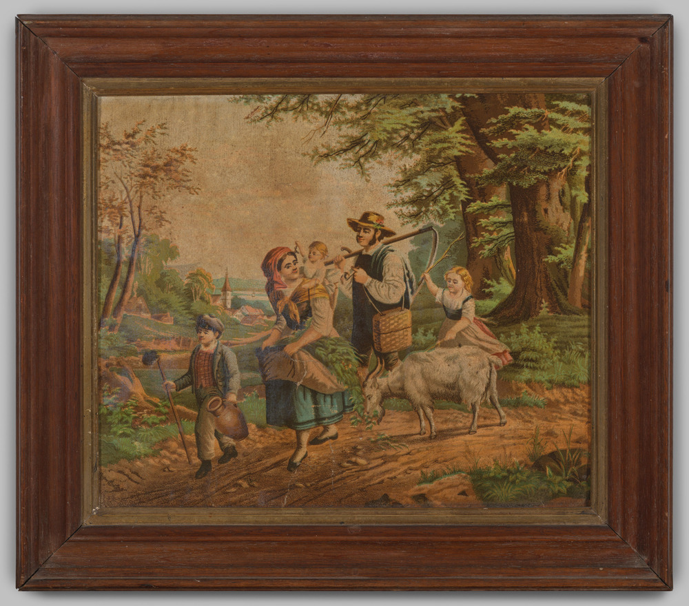 Reproductie (cliché) van een romantisch tafereel, ingelijst, geen glas.