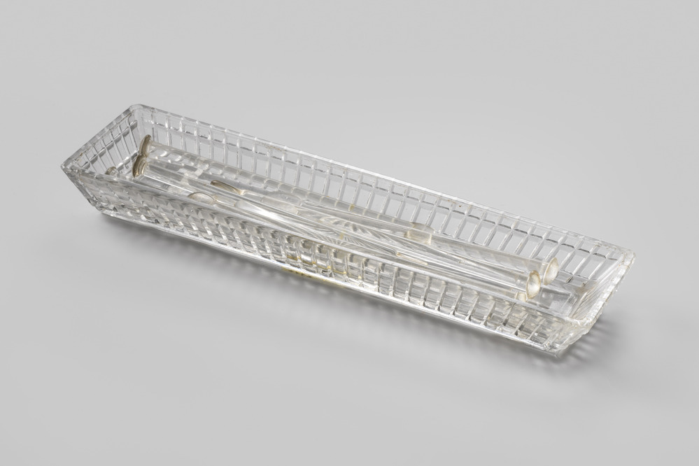 glazen pennenbakje met 6 lepels