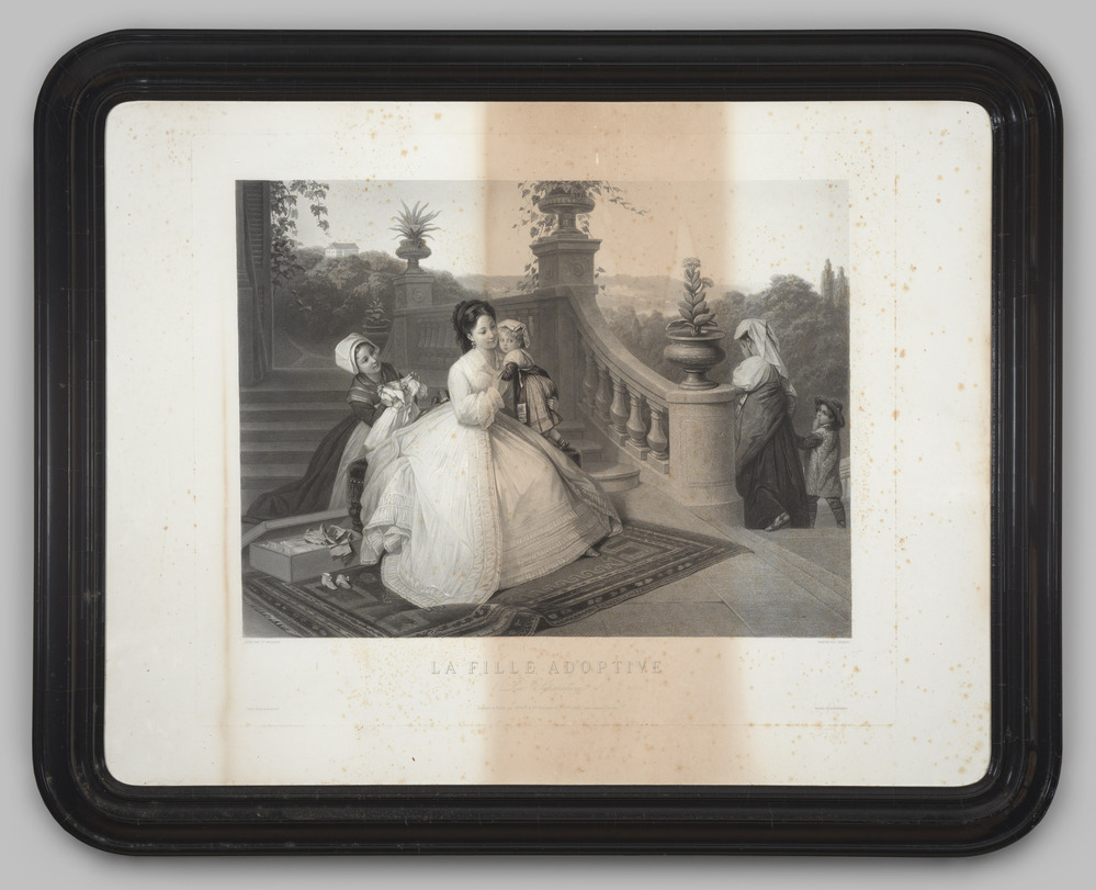 Prent, ingelijst en achter glas, voorstellende drie vrouwen en twee kinderen in een geromantiseerd landschap