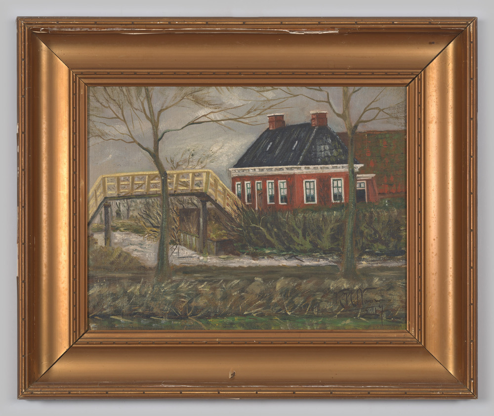 Schilderij, op glas geschilderd, met lijst, voorstellende een boerderij met hoogholtje