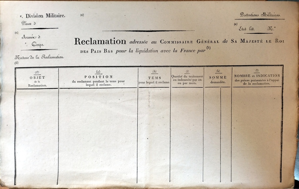 Claim gericht aan de Commissaris-Generaal van Zijne Majesteit de Koning der Nederlanden voor liquidatie met Frankrijk. Met uitleg hoe de claim ingevuld moet worden.