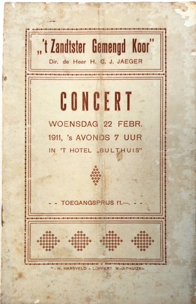 't Zandster gemengd koor. Concert(programma) woensdag 22 febr. 1911.