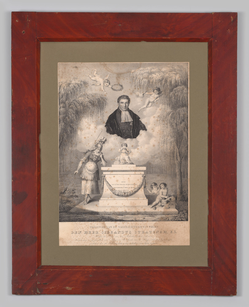 Herdenkingsprent, ingelijst, achter glas, aan Sibrandus Stratingh