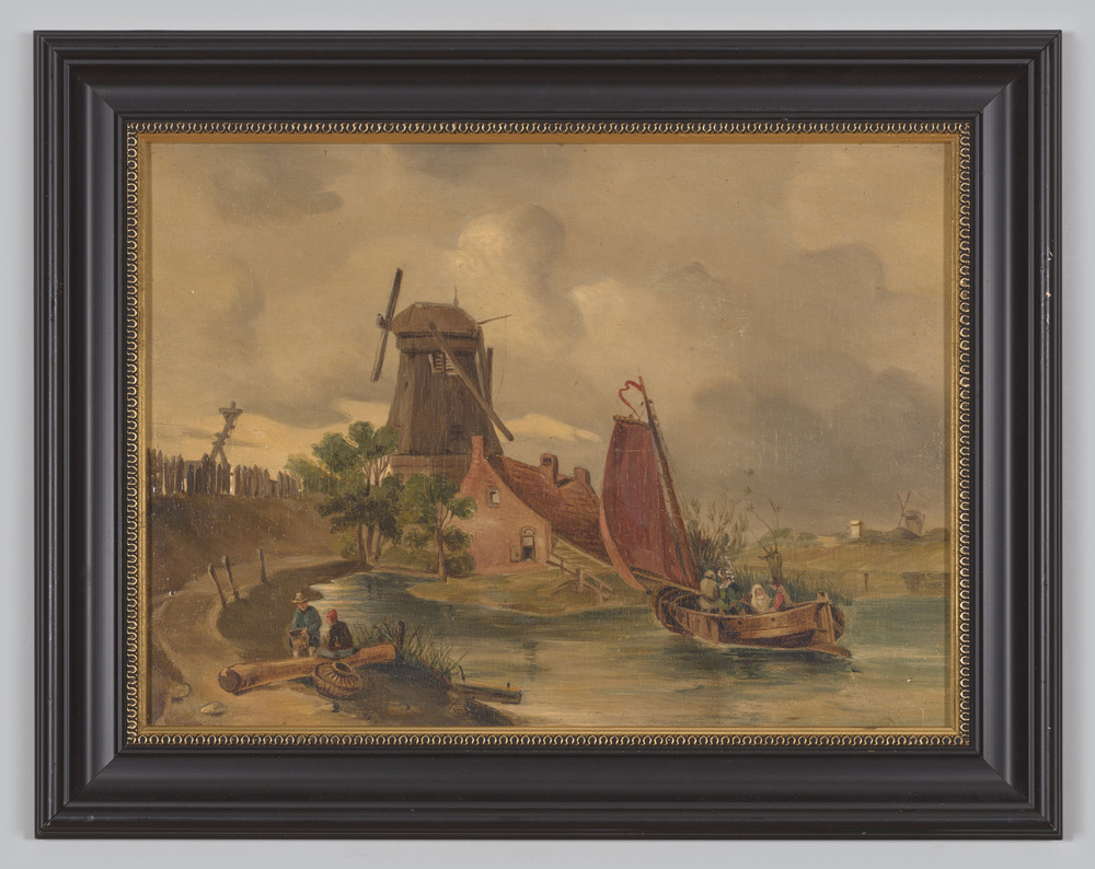 Schilderij, olieverfschilderij op plaat, ingelijst, geen glas, voorstellende plattelandslandschap.