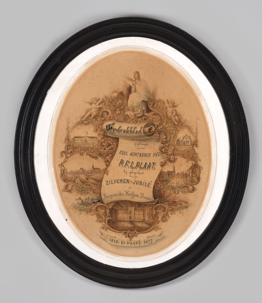 Gedenkprent, ingelijst, achter glas, voor het 25-jarig ambtsjubileum van dhr. Plaat als burgemeester van Warffum en Usquert