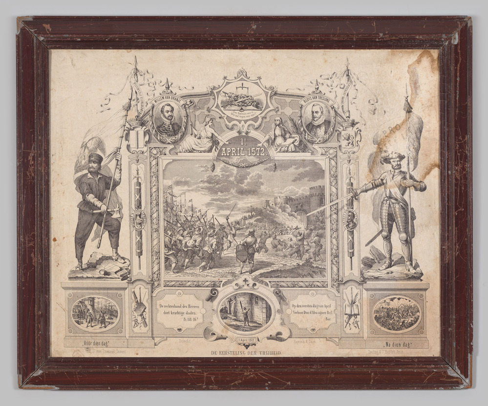 Prent zonder glas, ingelijst, ter ere van 1 april 1572, "Voor dien dag".