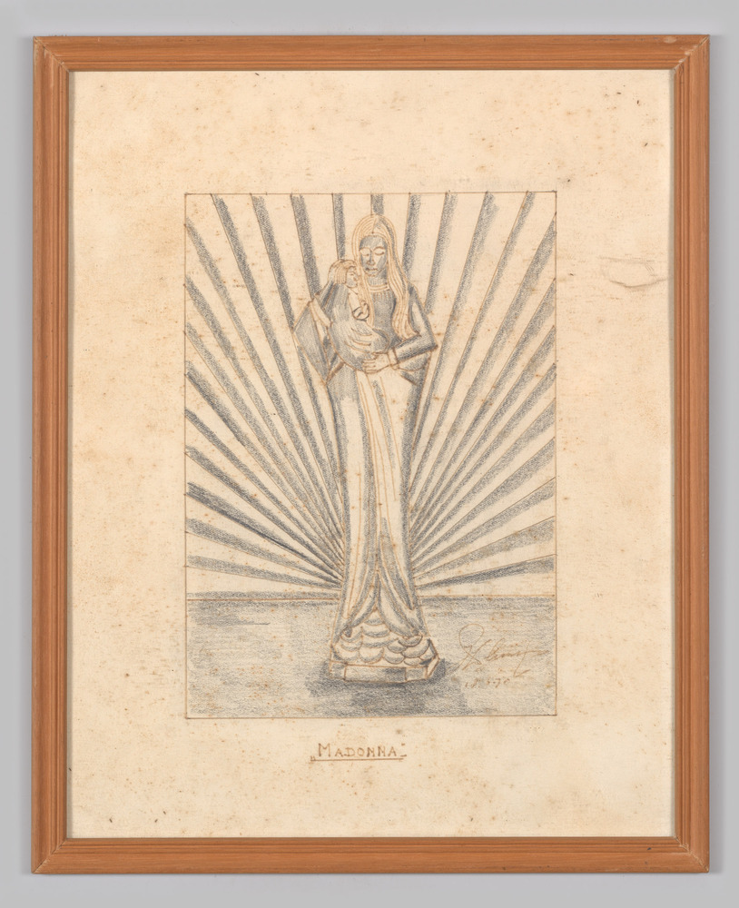 Pentekening, ingelijst, achter glas, titel "Madonna"