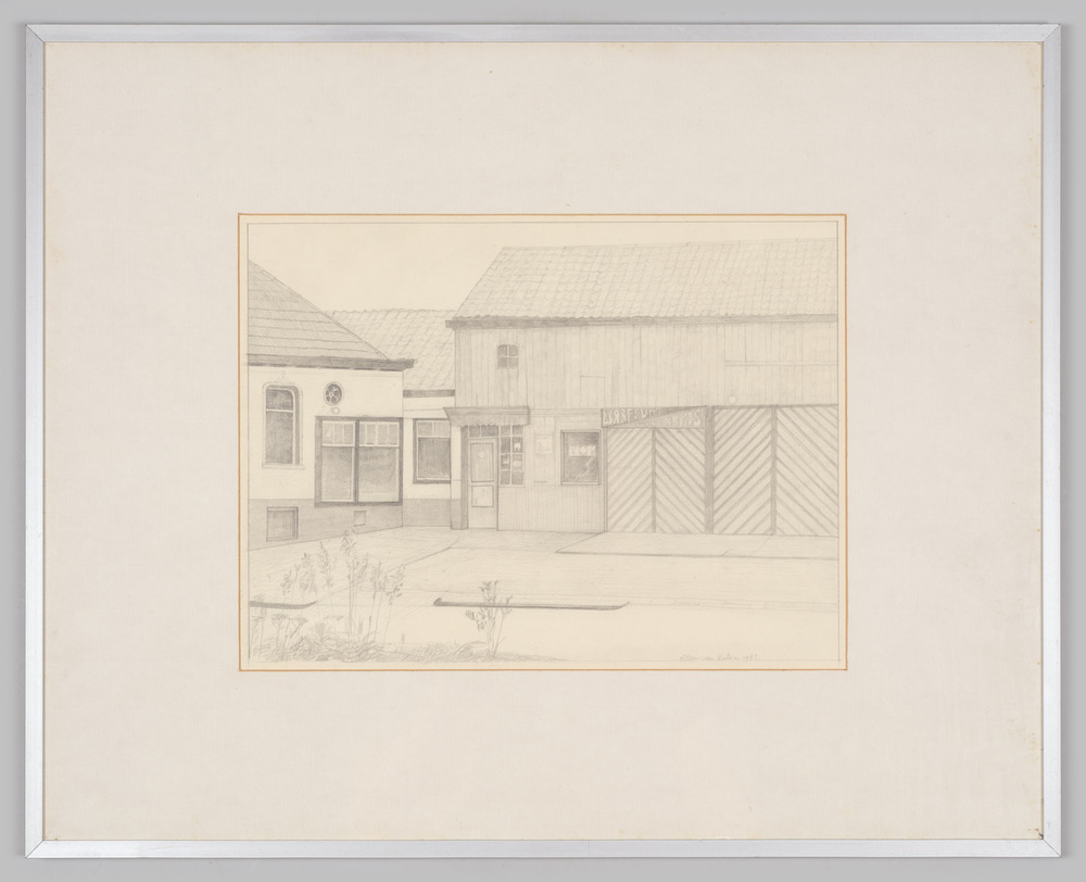 Tekening, ingelijst, achter glas, voorstellende een aantal dorpspanden