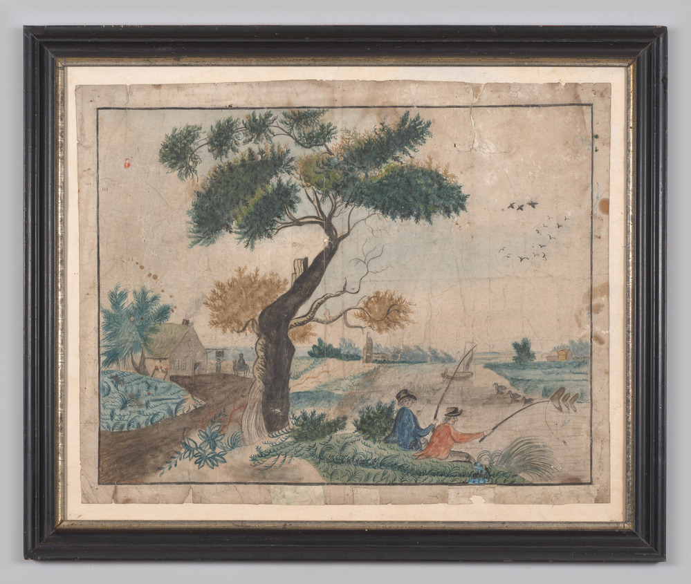 Aquarel in lijst, voorstellende een landschap met twee vissers