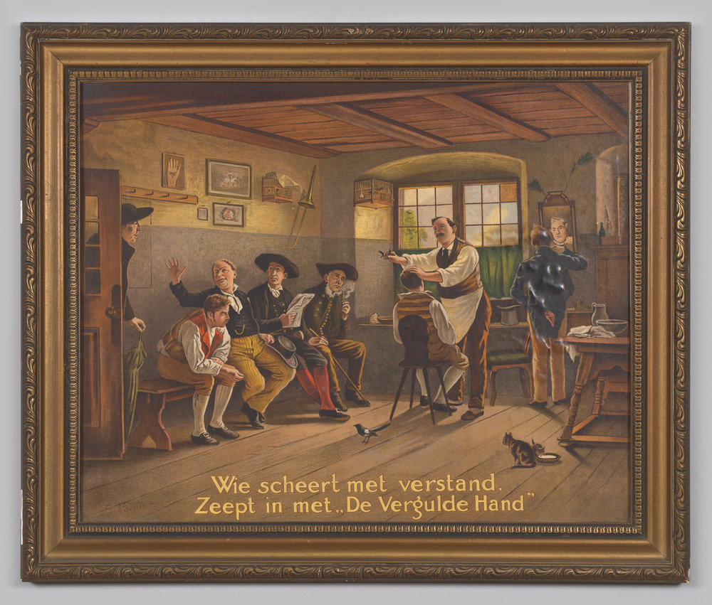 Reclameplaat voor scheerzeep De Vergulde Hand, ingelijst, geen glas.