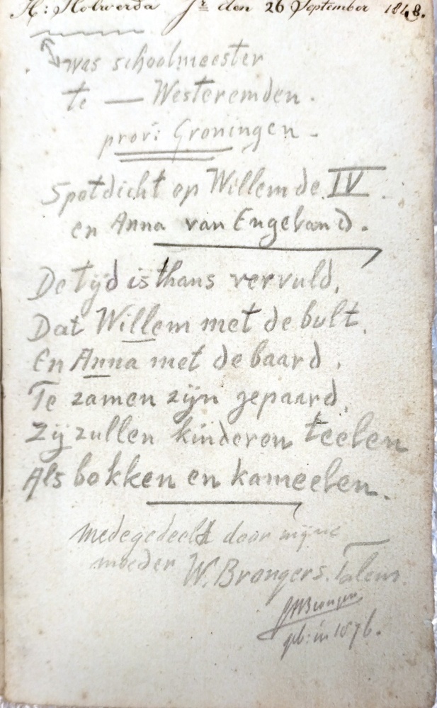 Schriftje van H. Holwerda jr. 26 september 1848 met tekeningen van munten en teksten daarbij.