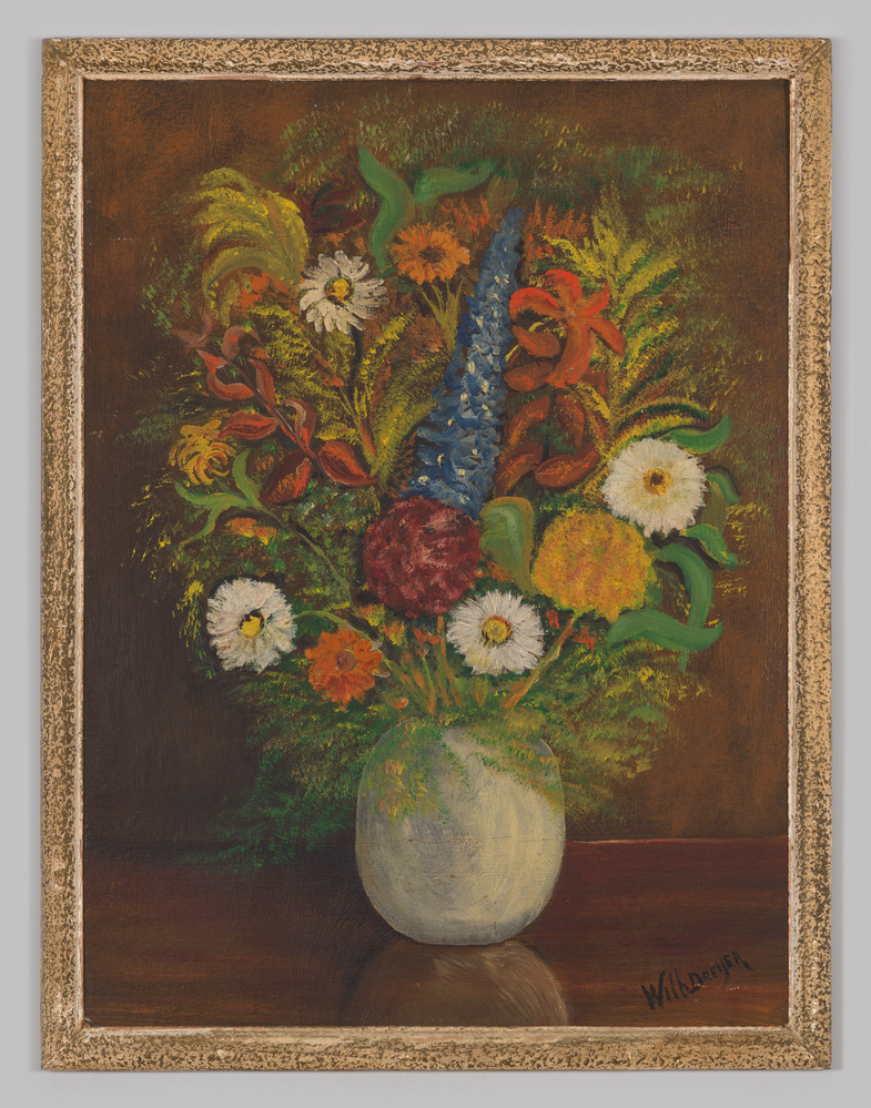 Schilderij, olieverfschilderij op plaat, ingelijst, geen glas, verbeeldende een vaas met bloemen.