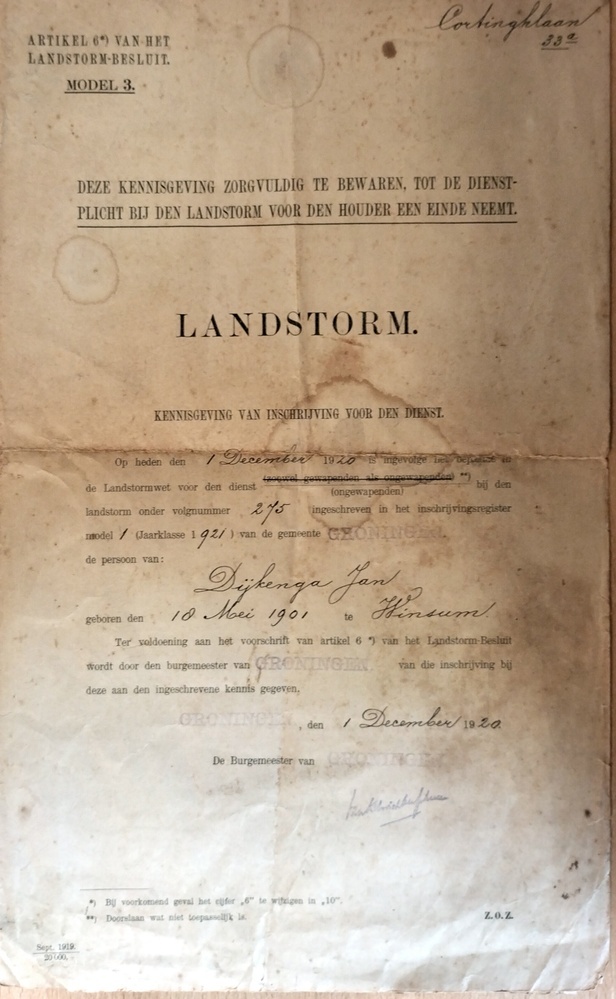 Landstorm kennisgeving van inschrijving voor den dienst 1 december 1920. Dijkenga, Jan.