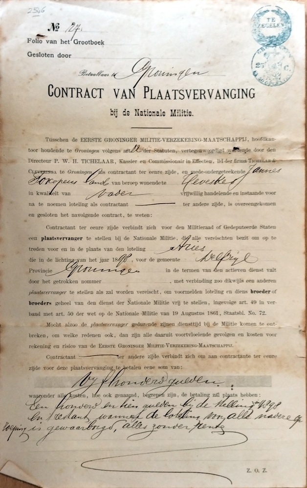 Contract van Plaatsvervanging  van Nationale Militie, betreft: Aries Toxopeus. 1897