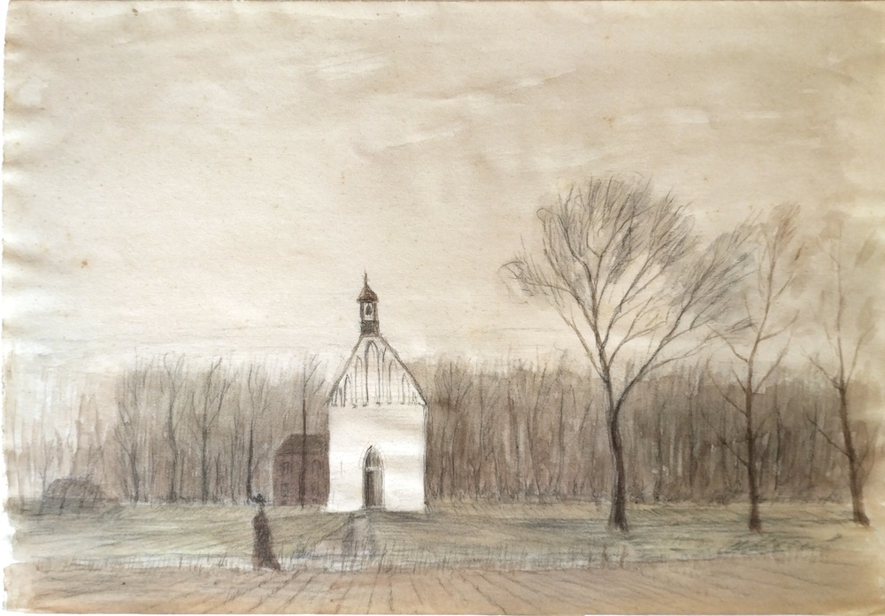 Aquarel voorstellende kerkje