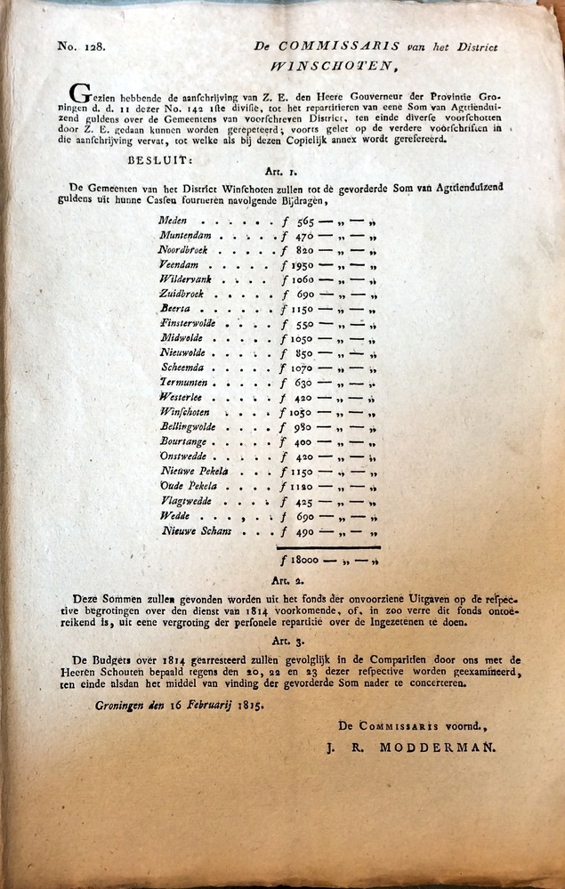Document gericht aan de Commissaris van het District Winschoten om van de gemeentes sommen te innen, 1815.