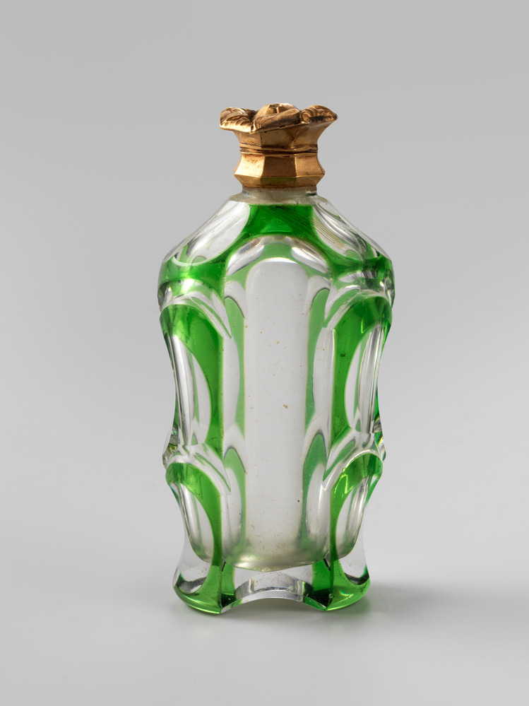Plat parfumflesje, naturel met groen met gouden dop; scharnierend dekseltje
