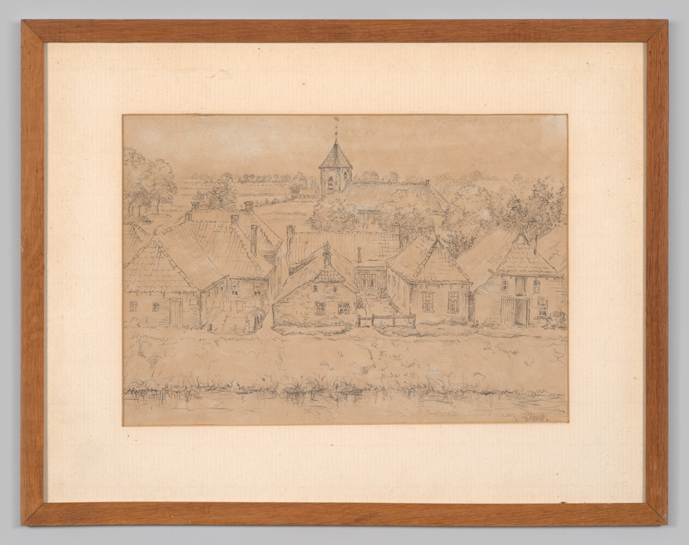 Tekening van een dorpsgezicht in lijst