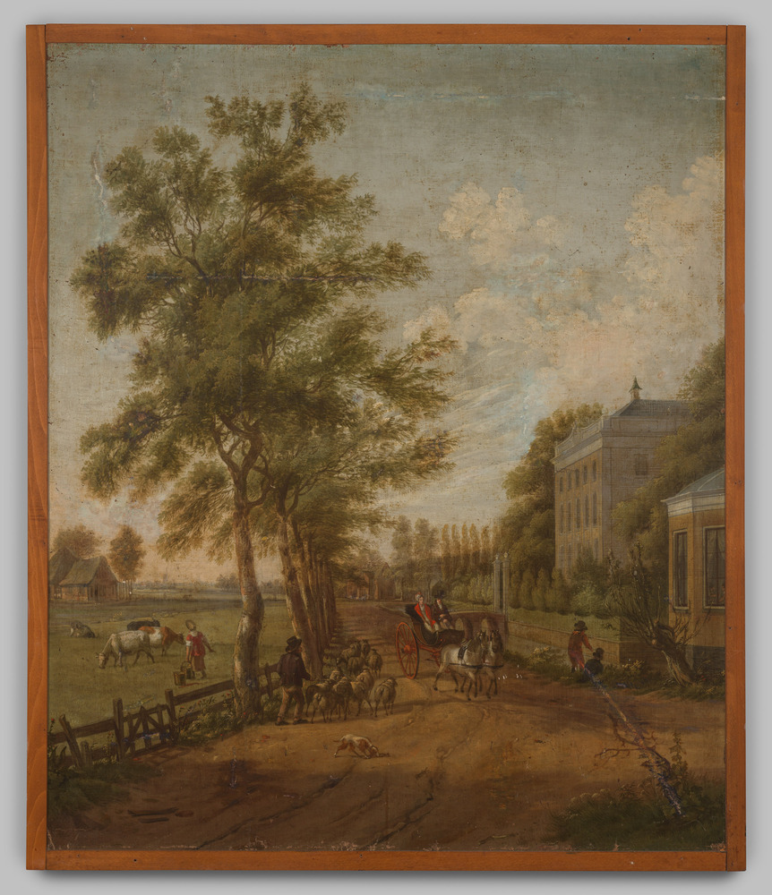 Schilderij, olieverfschilderij, ingelijst, geen glas, voorstellende tafereel bij een soort kasteel.