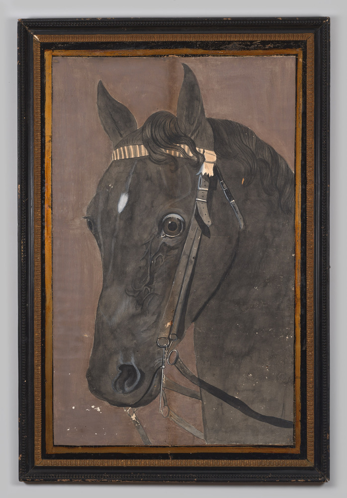 Schilderij, ingelijst, achter glas, voorstellende een paardekop, geschilderd in diverse tinten bruin en zwart