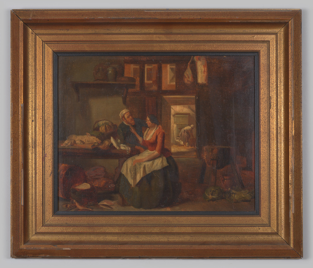 Schilderij, olieverf op paneel, ingelijst, geen glas, voorstellende een man en een vrouw in een nep-Gouden Eeuw-huiselijke setting