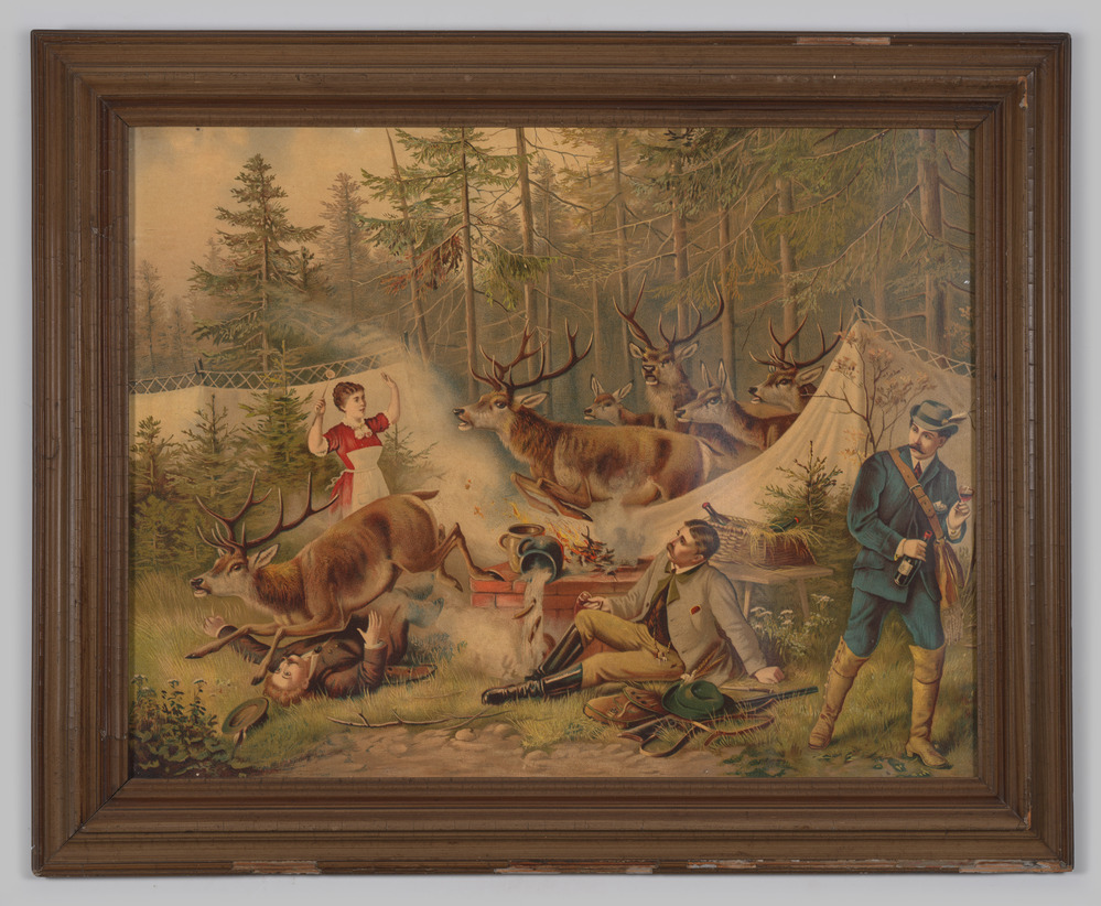 Prent, ingelijst, achter glas, van een bostafereel, titel "Gestörtes Frühstück", afbeeldende een aantal herten en een consumerend gezelschap.