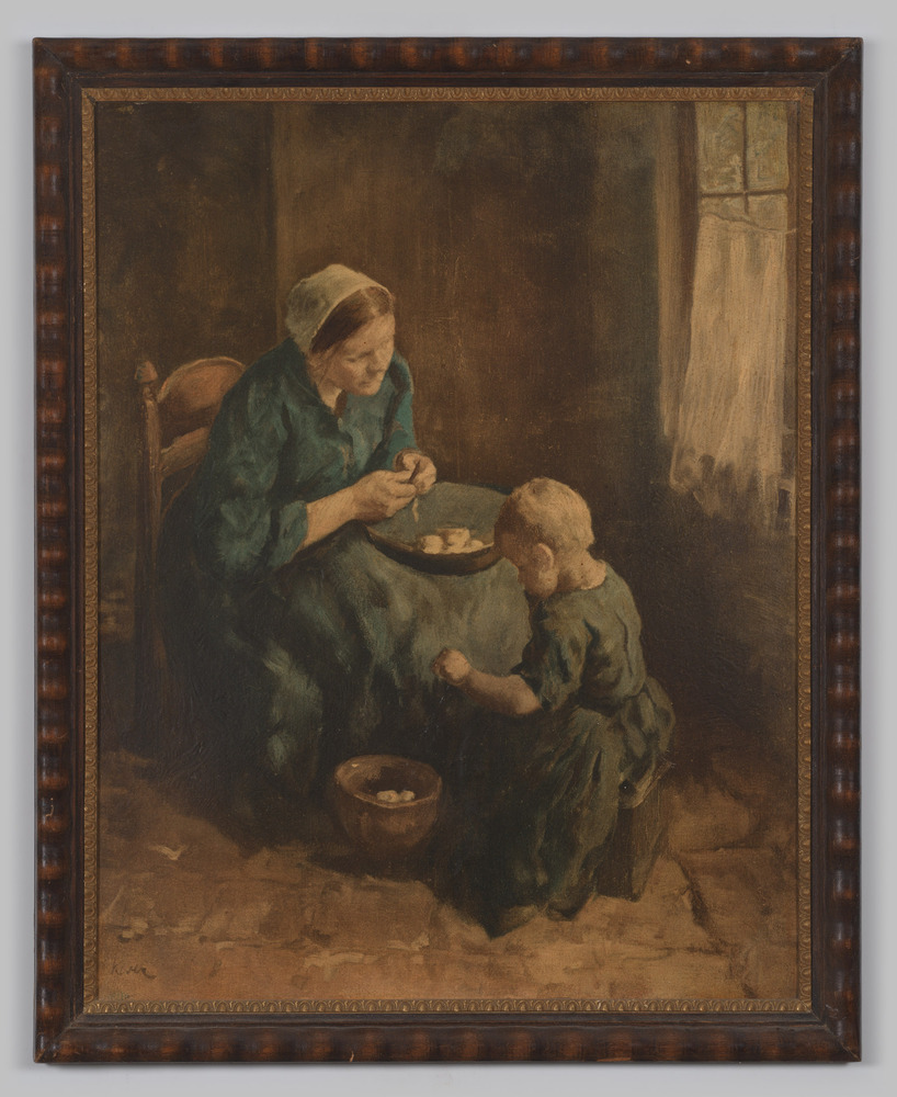 Schilderij, olieverfschilderij, keukentafereel met vrouw en kind, ingelijst