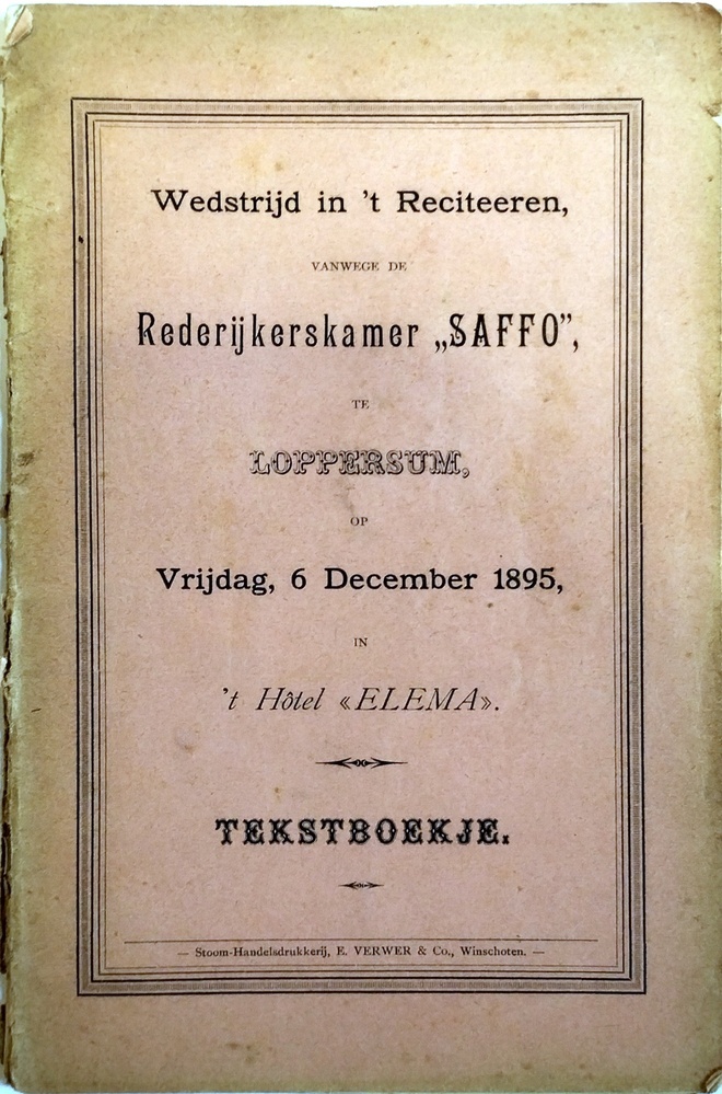 Wedstrijd in 't reciteeren, vanwege de Rederijkerskamer 'Saffo', te Loppersum op vrijdag, 6 december 1895. Tekstboekje