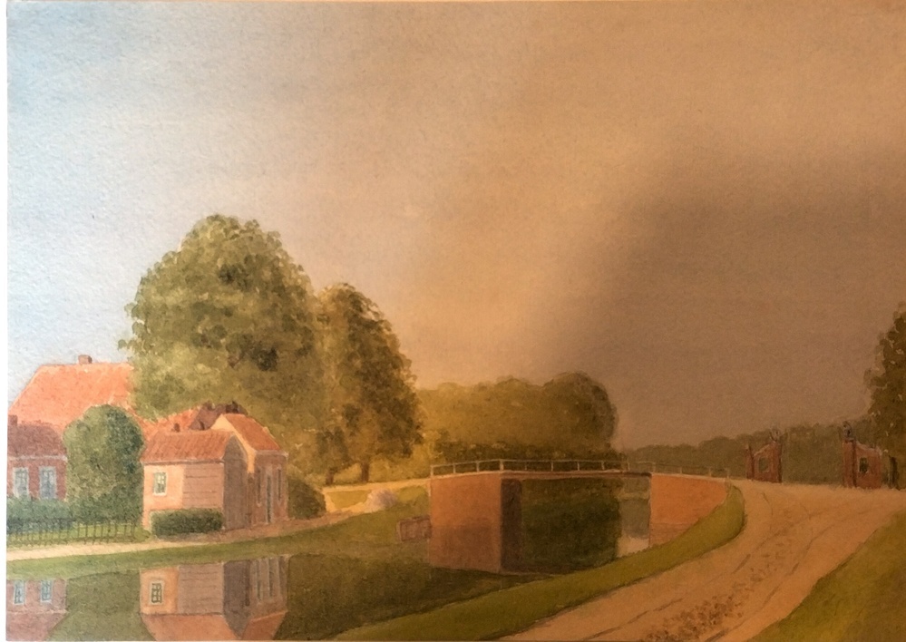 Aquarel voorstellende brug met huisje/boerderij