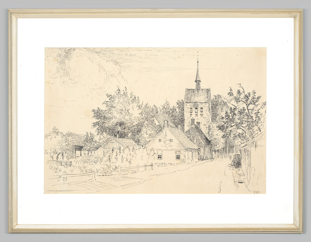 Pentekening; in lijst: dorpsgezicht met kerk