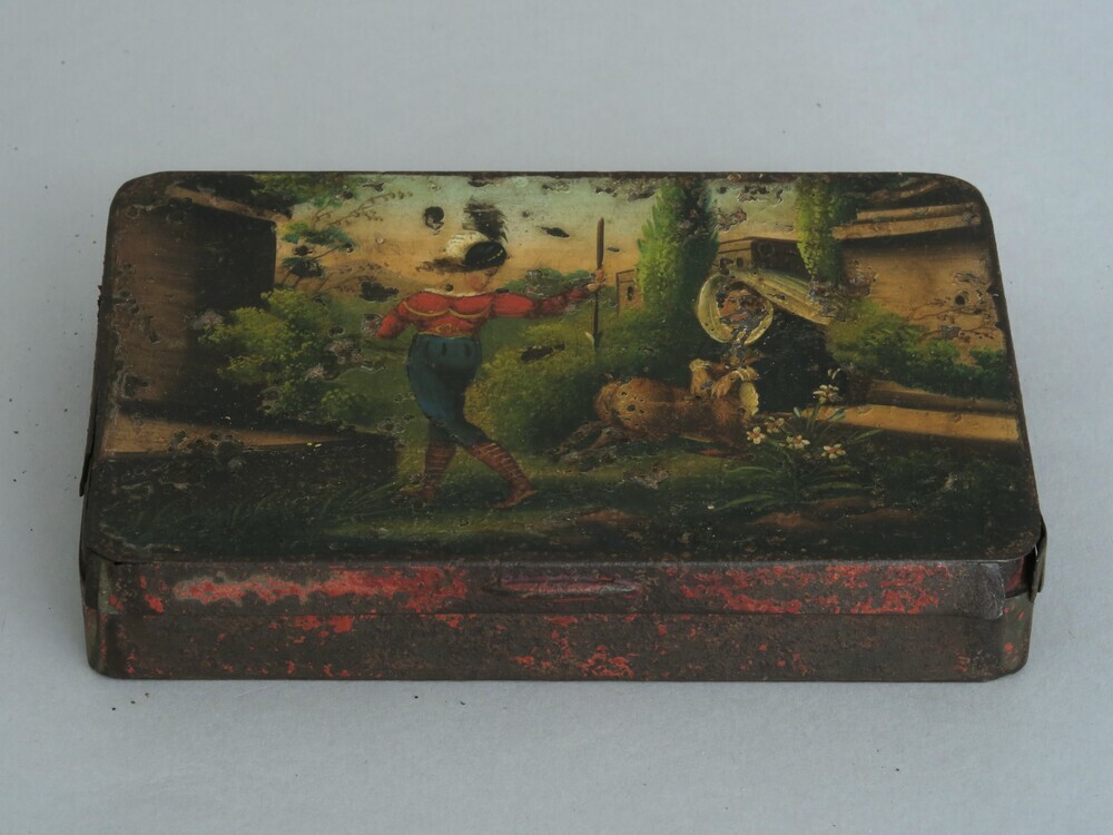 Sigarenblik met decor van twee figuren en hert