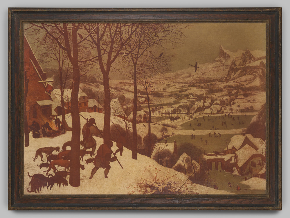 Reproductie, ingelijst, achter glas, schilderij van een winterlandschap