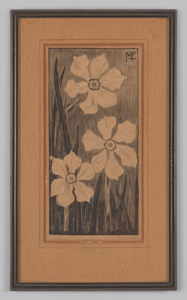 Tekening of reproductie daarvan, ingelijst, achter glas, voorstellende narcissen