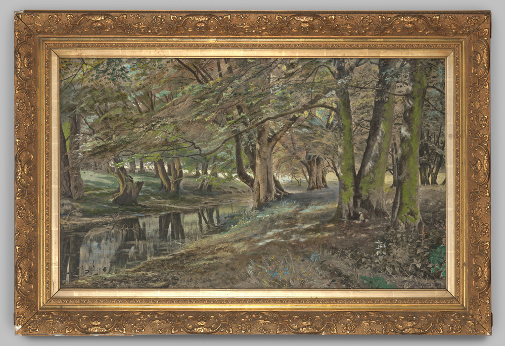 Schilderij met boslandschap, ingelijst, achter glas