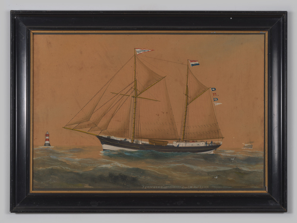 Aquarel, ingelijst, achter glas, voorstellende schip, titel "Schouwen II"