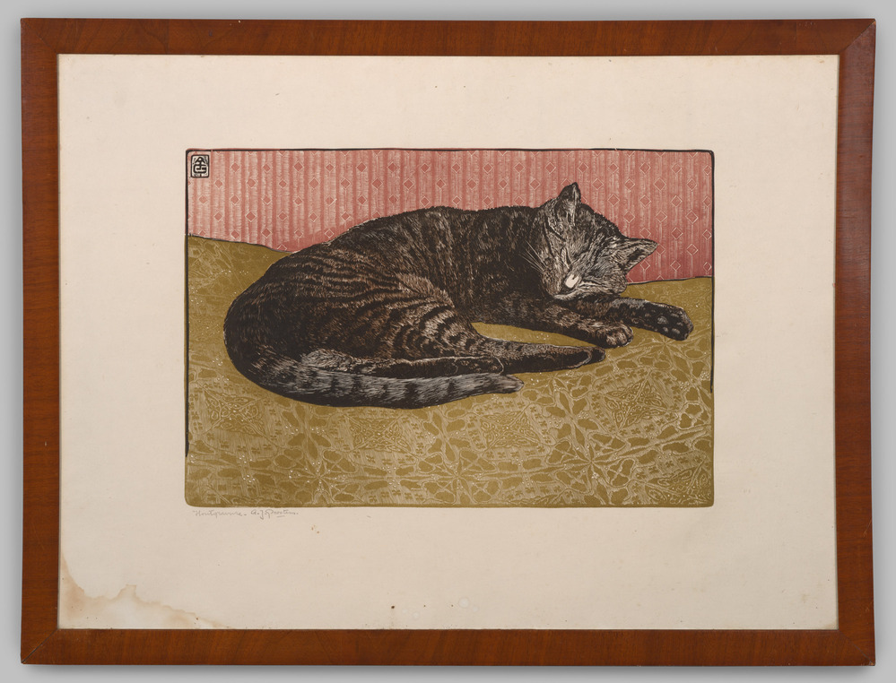 Houtgravure in lijst, voorstellende een slapende kat