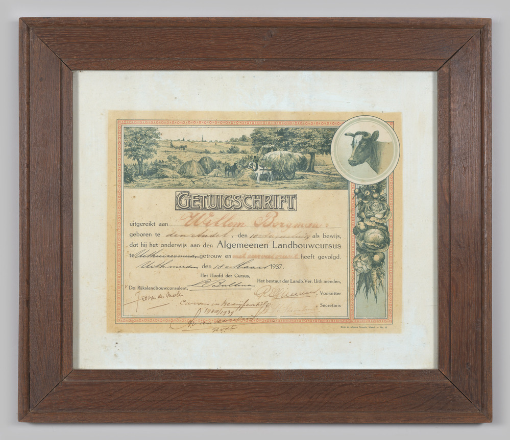 Getuigschrift, ingelijst, achter glas, voor het volgen van de Algemene Landbouwcursus