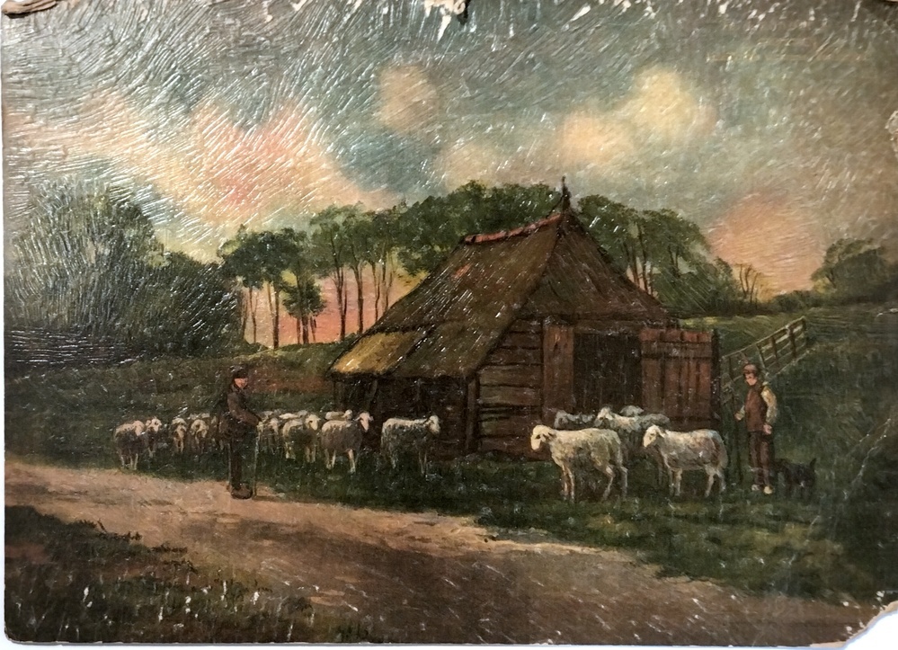 Prent voorstellende een kudde schapen met twee herders en herdershond.