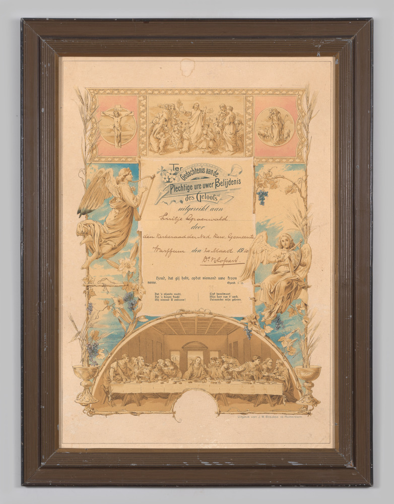 Oorkonde, achter glas, in lijst, betreffende: belijdenis des geloofs