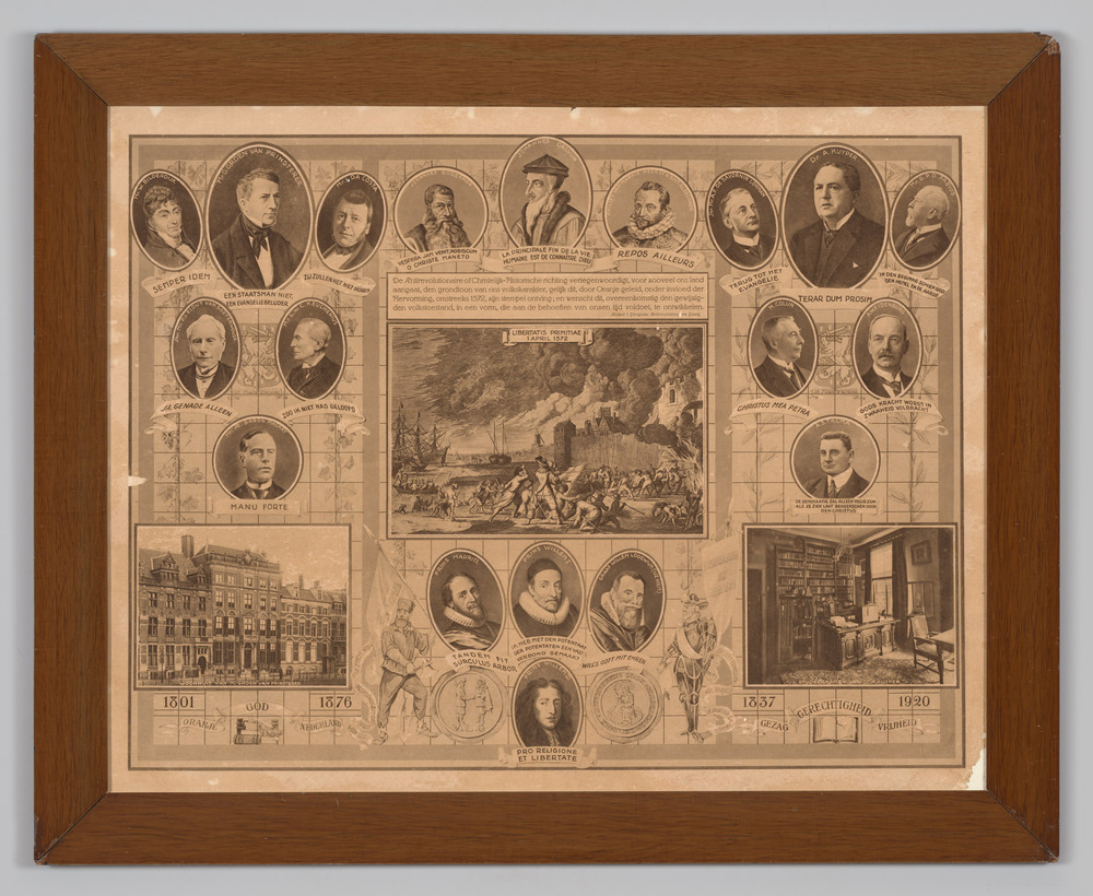 Prent, ingelijst, achter glas, ter ere van de politieke partijen ARP en CHU.