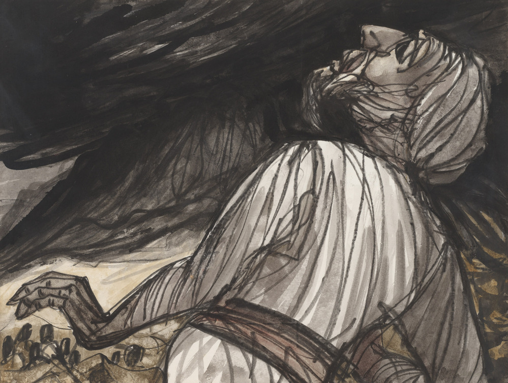 Mozes aan de voet van de berg, exodus 19, Jannes de Vries, aquarel