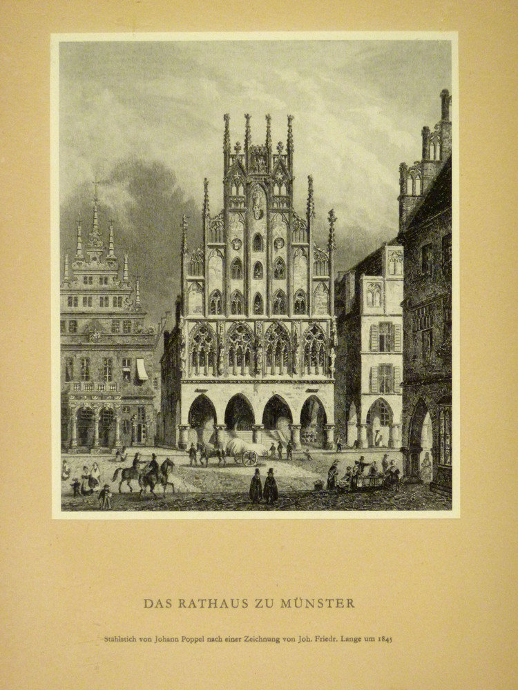 papieren plaat in houten lijst met opdruk Das Rathaus zu Munster stahtlich von Johan Poppel nach einer zeichnung von Joh.friedr.Lange