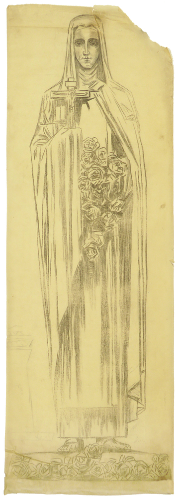 ontwerptekening voorbereidende tekening Heilige Theresia van Lisieux, met crucifix en rozen