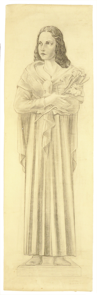 ontwerptekening beeldhouwwerk Heilige Maria Coretti met lelie, tekening beeldhouwwerk heilige Franciscuskerk, steenwijksmoer